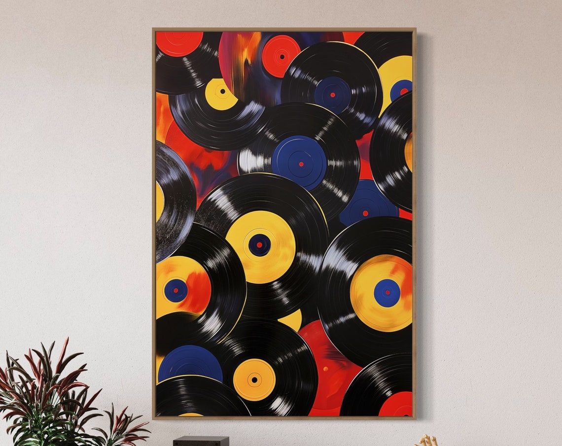 Vinyl Records Collage Pop Art Colorful Retro Music Room Poster