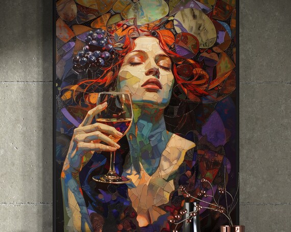 Mosaic Woman Red Wine Glass Vineyard Style Colorful Portrait Art Poster