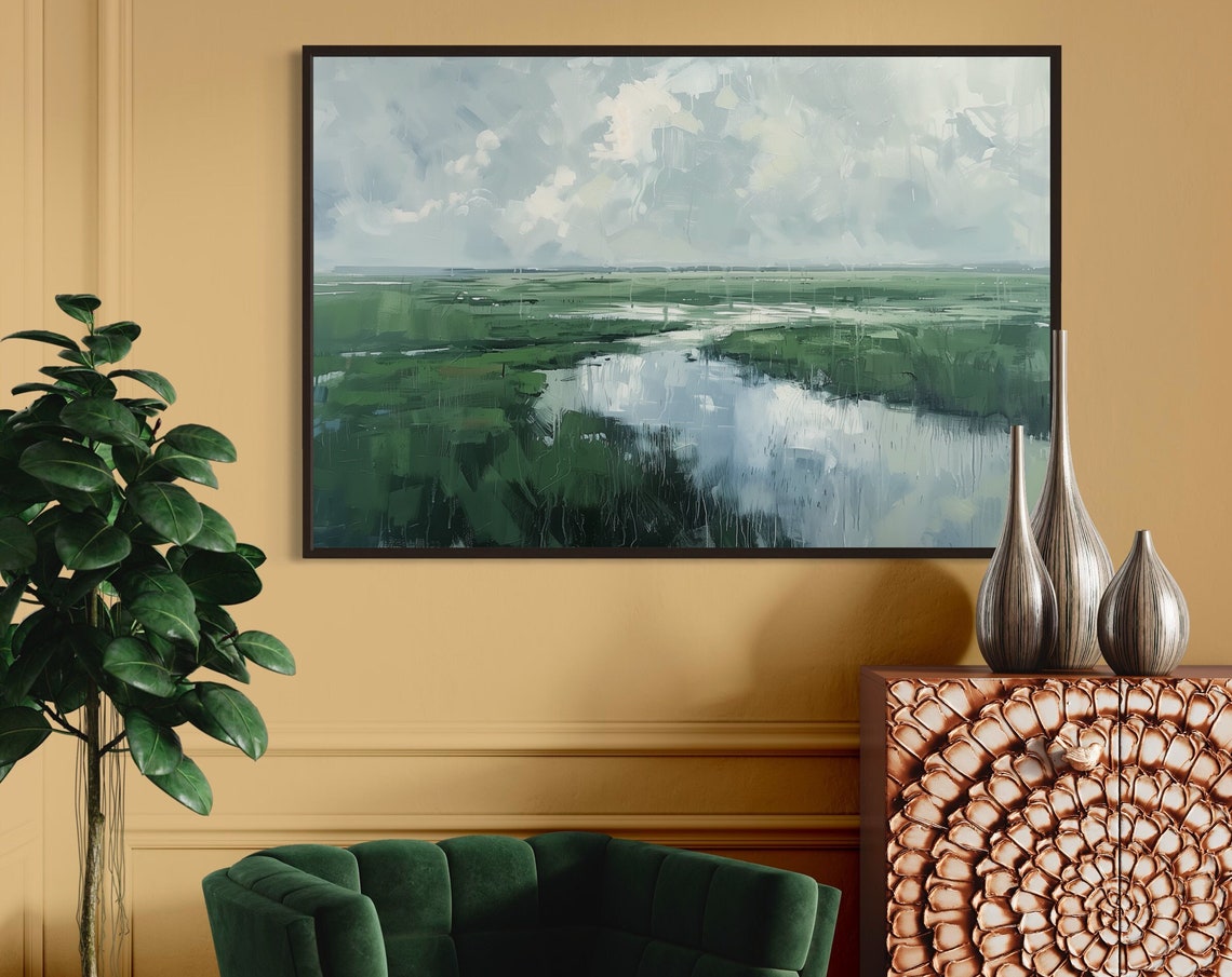 Rainy Meadow River Nostalgic Countryside Muted Greens Nature Poster