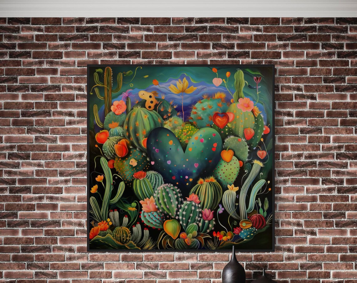 Whimsical Heart Shaped Cactus Garden Night Sky Desert Art Print - Image 5