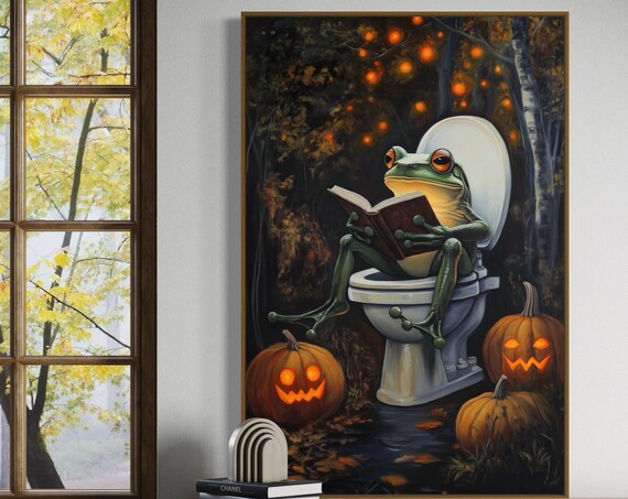 Funny Frog Reading Book On Toilet Halloween Jack-O-Lantern Forest Poster