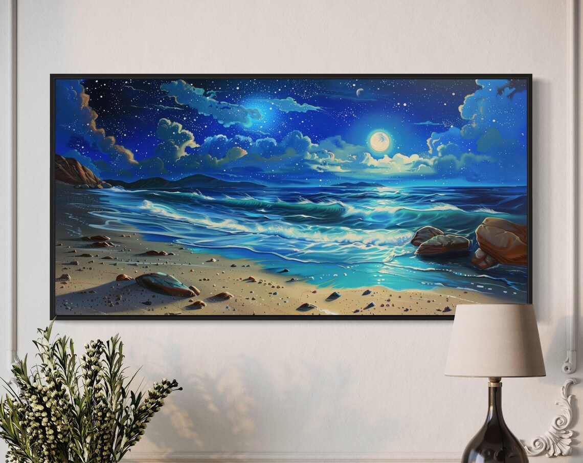 Luxury Moonlit Beach Starry Night Waves Sandy Shore Painting Poster