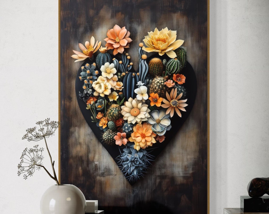 Blooming Cactus Heart Flower Romantic Botanical Surreal Art Print - Image 5