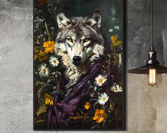Regal Wolf Portrait Wildflowers Dark Floral Victorian Style Poster