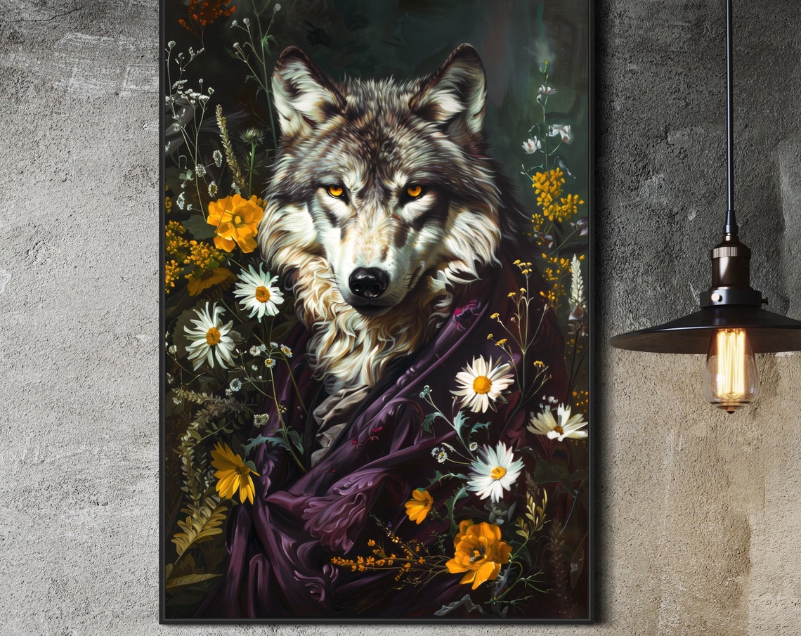 Regal Wolf Portrait Wildflowers Dark Floral Victorian Style Poster