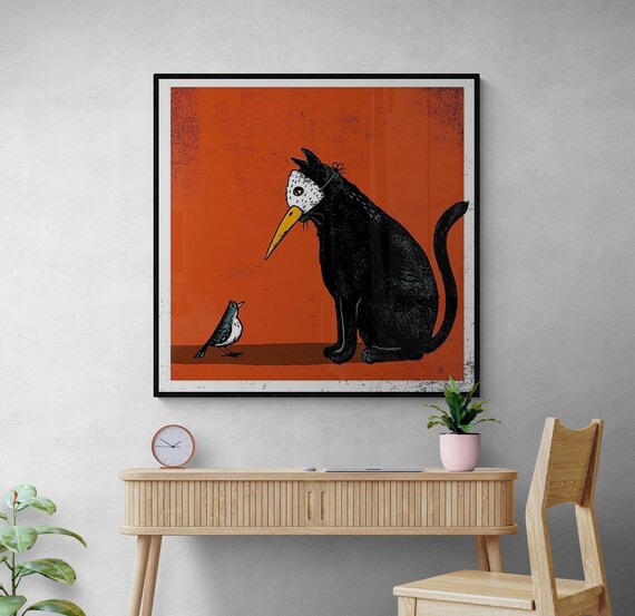 Vintage Bird And Cat Painting, Whimsical Animal Decor
