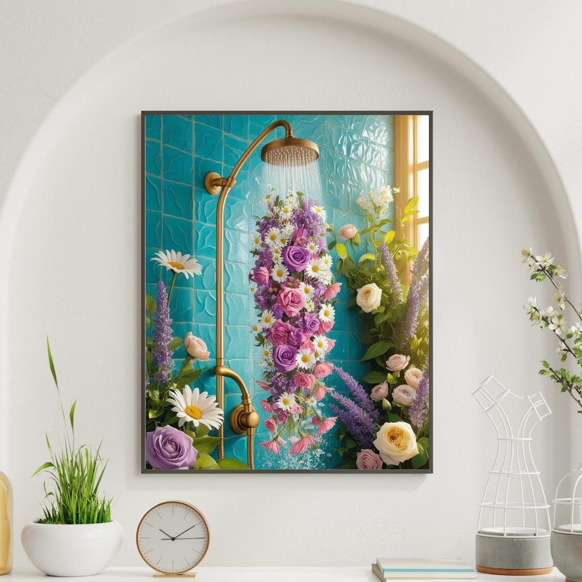 Floral Shower Roses Daisies on Teal Tiles Maximalist Bath Poster