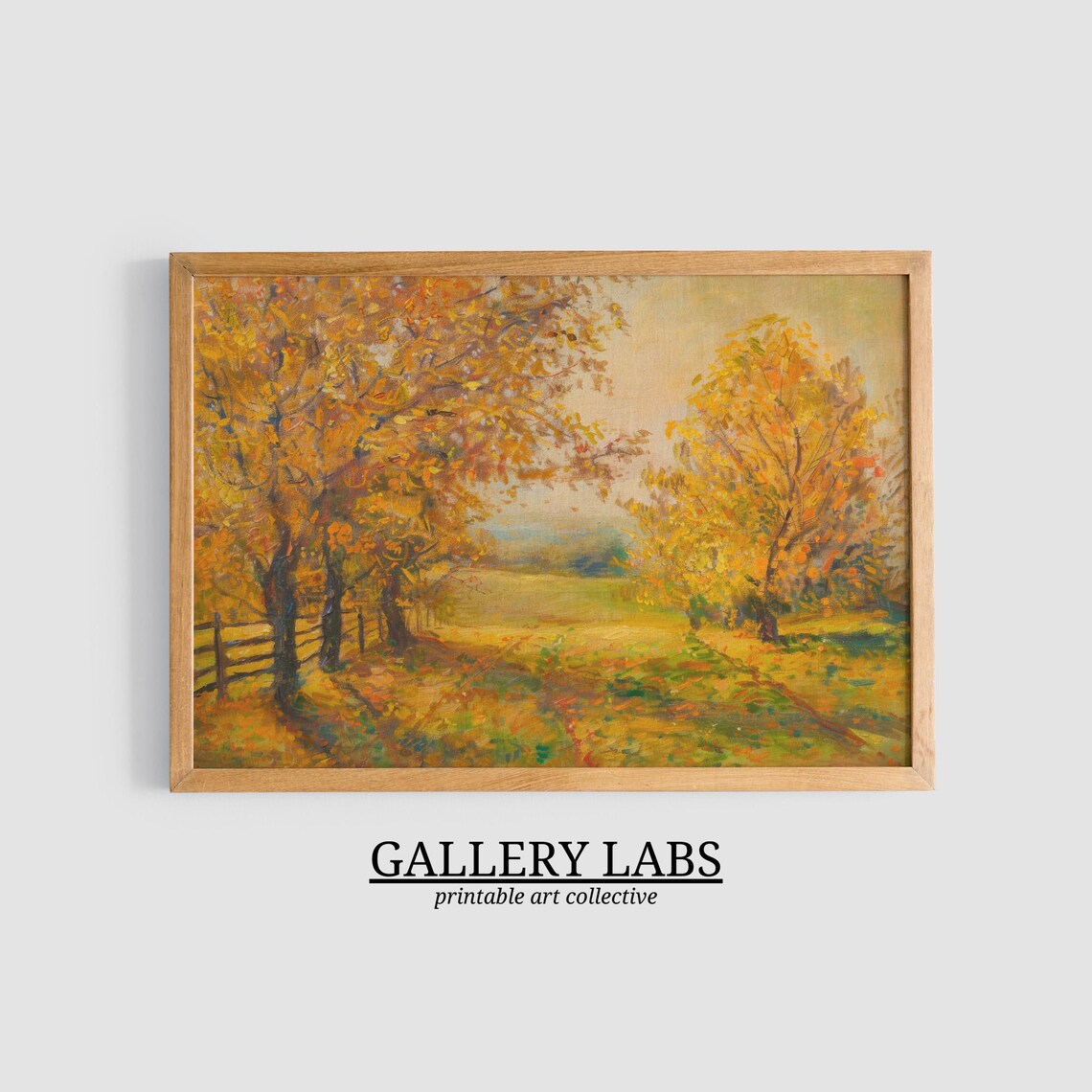 Golden Autumn Field Wooden Fence Sunlit Fall Landscape Art Print - Image 3