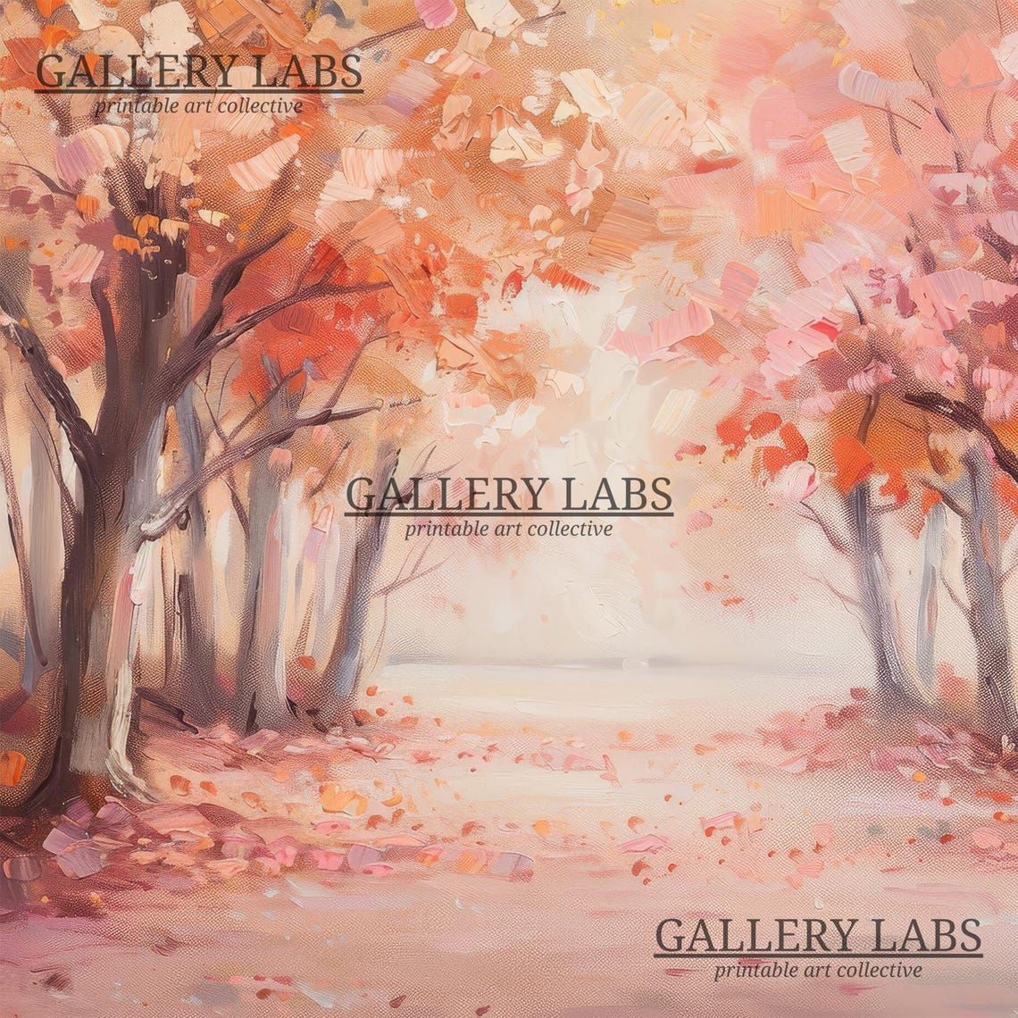 Pink Autumn Forest Path Soft Blush Fall Trees Painting Wall Poster - Image 4