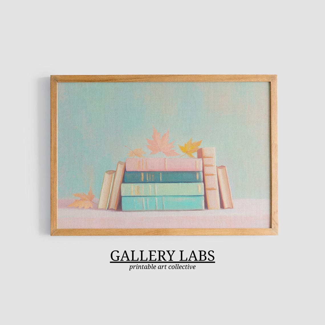 Pastel Books Stack Maple Leaves Cozy Fall Season Wall Art Print - Image 3