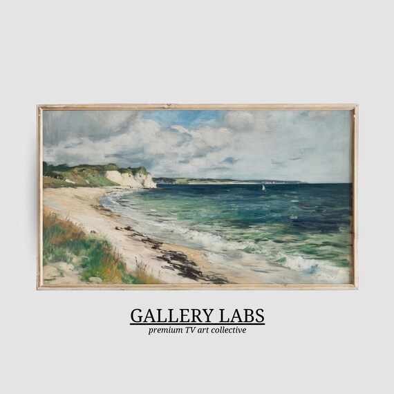 White Chalk Cliffs Green Headland Calm Sea Seascape Painting Poster