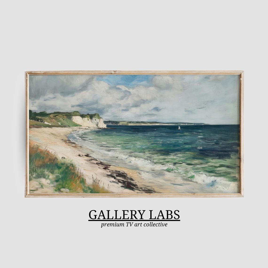 White Chalk Cliffs Green Headland Calm Sea Seascape Painting Poster