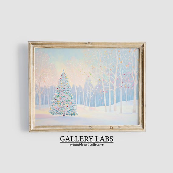 Girly Christmas Tree Painting Pink Winter Decor Trendy Holiday Wall Art Cute Christmas Snowy Forest Art Festive Decor