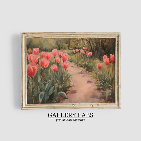 Pink Tulip Garden Path Painting Blooming Spring Walk Art Print