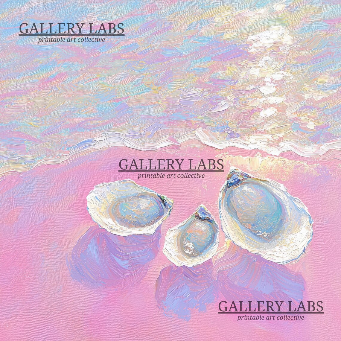 Oyster Shells on Pink Sand With Pastel Waves Dreamy Coastal Beach Painting Poster - Image 4