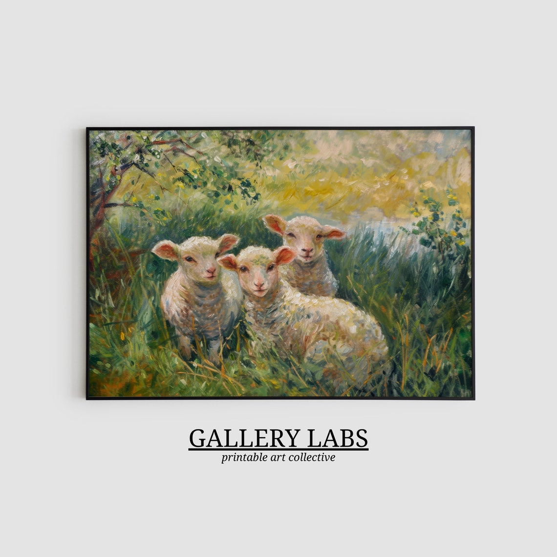 Three Lambs Meadow Impressionist Cute Baby Sheep Pastoral Art Poster - Image 2