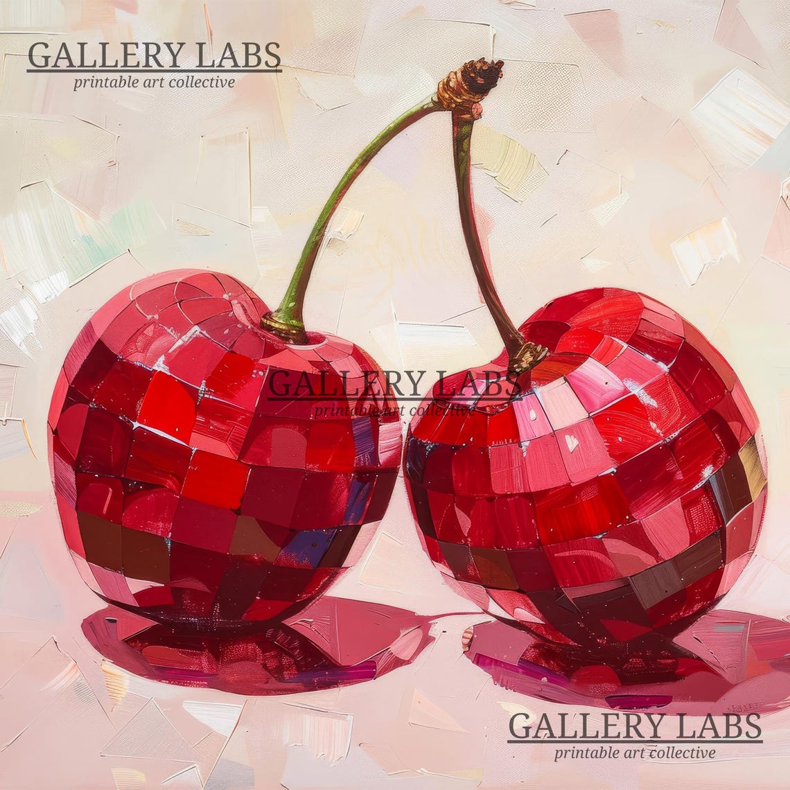 Disco Ball Cherries Red Glitter Pair Pink Background Painting Wall Art - Image 4