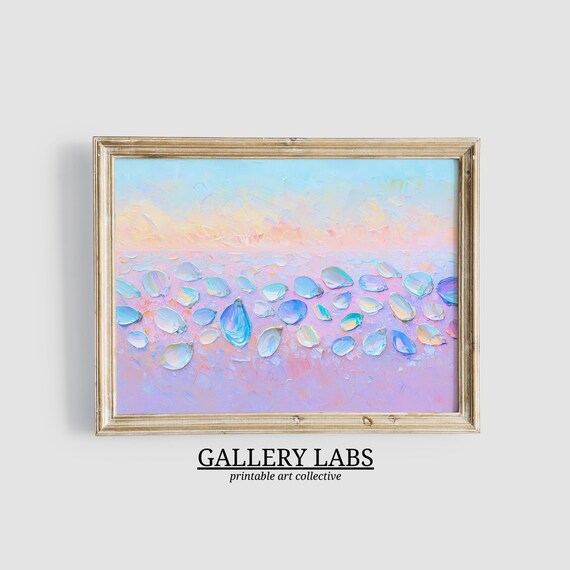 Abstract Pastel Beach With Iridescent Shells on Pink Lavender Sand Coastal Painting