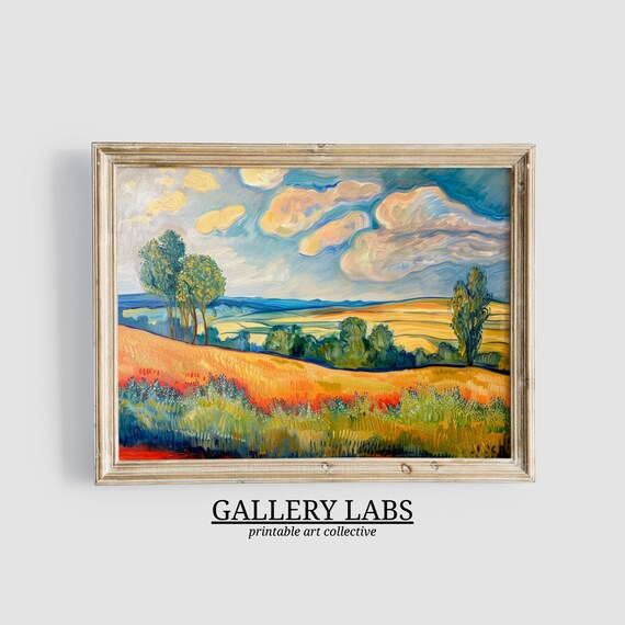 Post Impressionist Golden Field Landscape Dramatic Cloud Sky Wall Art Print