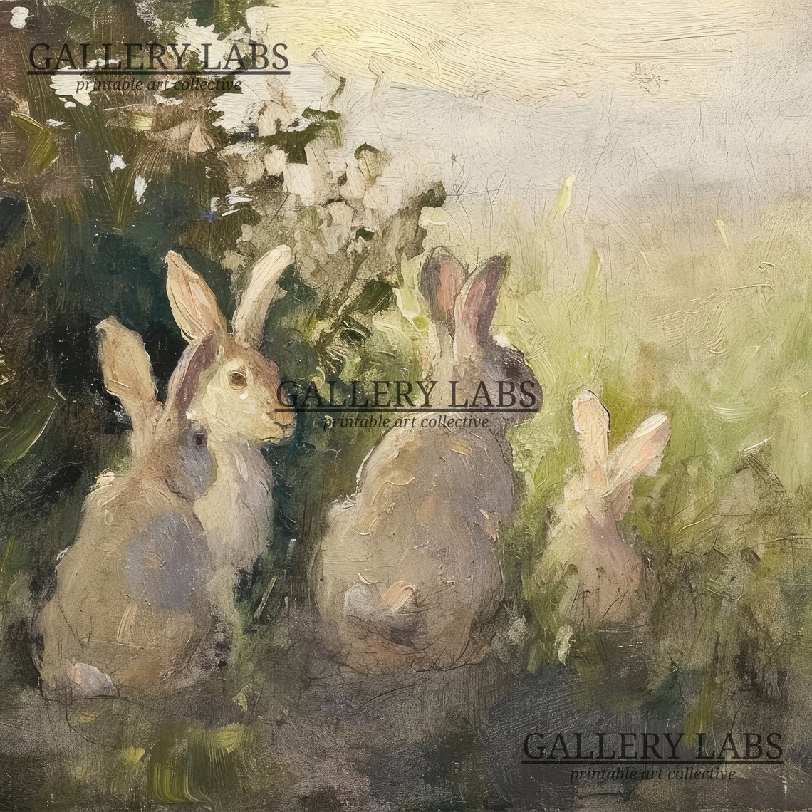 Vintage Rabbit Oil Painting Muted Neutral Country Meadow Art Poster - Image 4