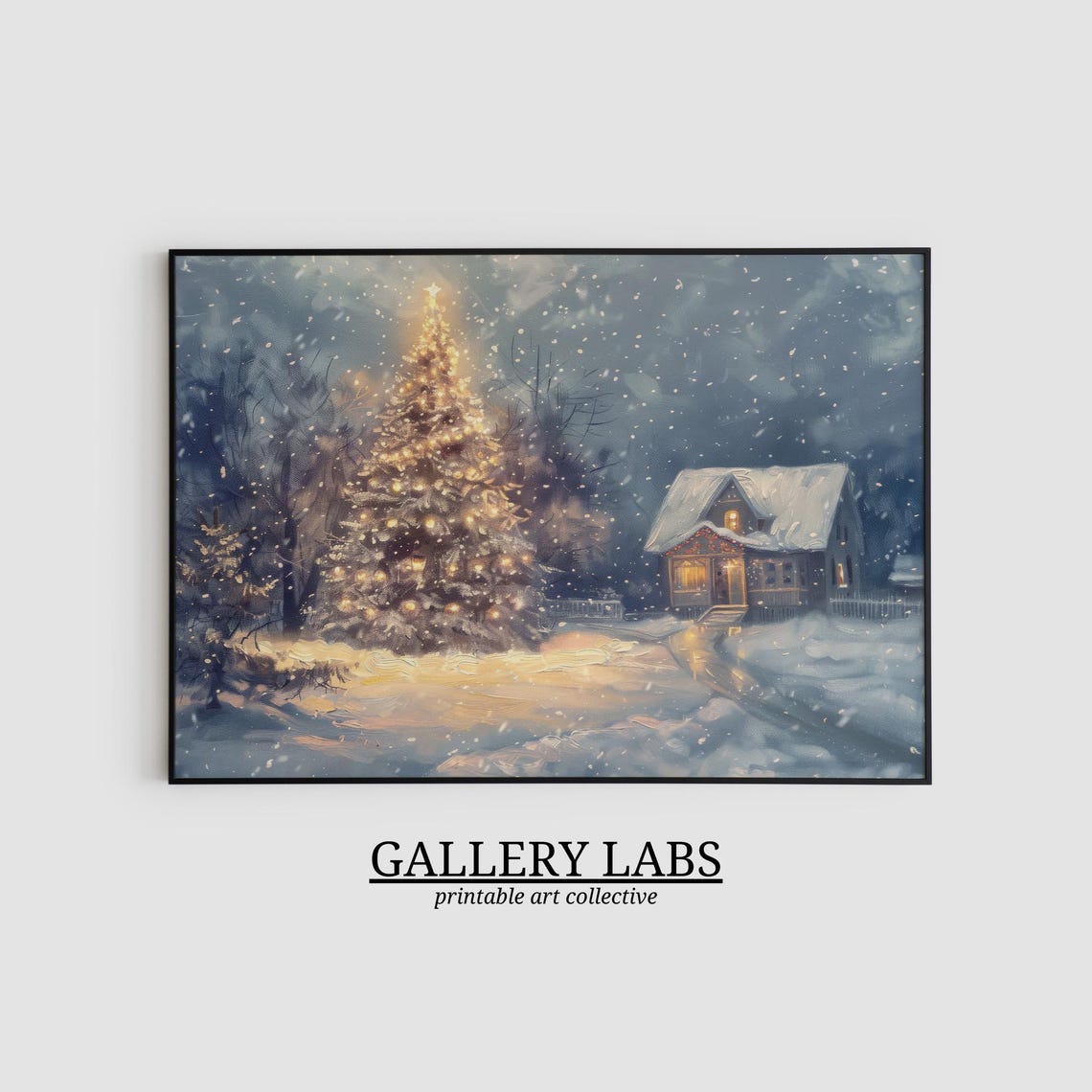 Glowing Christmas Tree Snowy Cabin Night Falling Snow Travel Poster - Image 2
