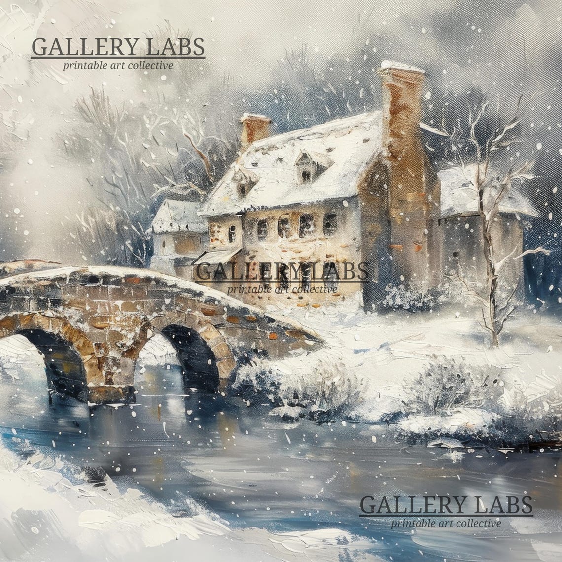 Snowy Stone Bridge River Winter Village Storm Rustic Travel Poster - Image 4
