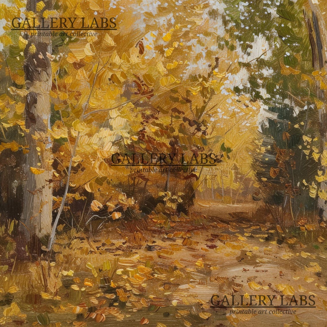 Golden Birch Forest Leaf Strewn Path Warm Autumn Woodland Art Print - Image 4
