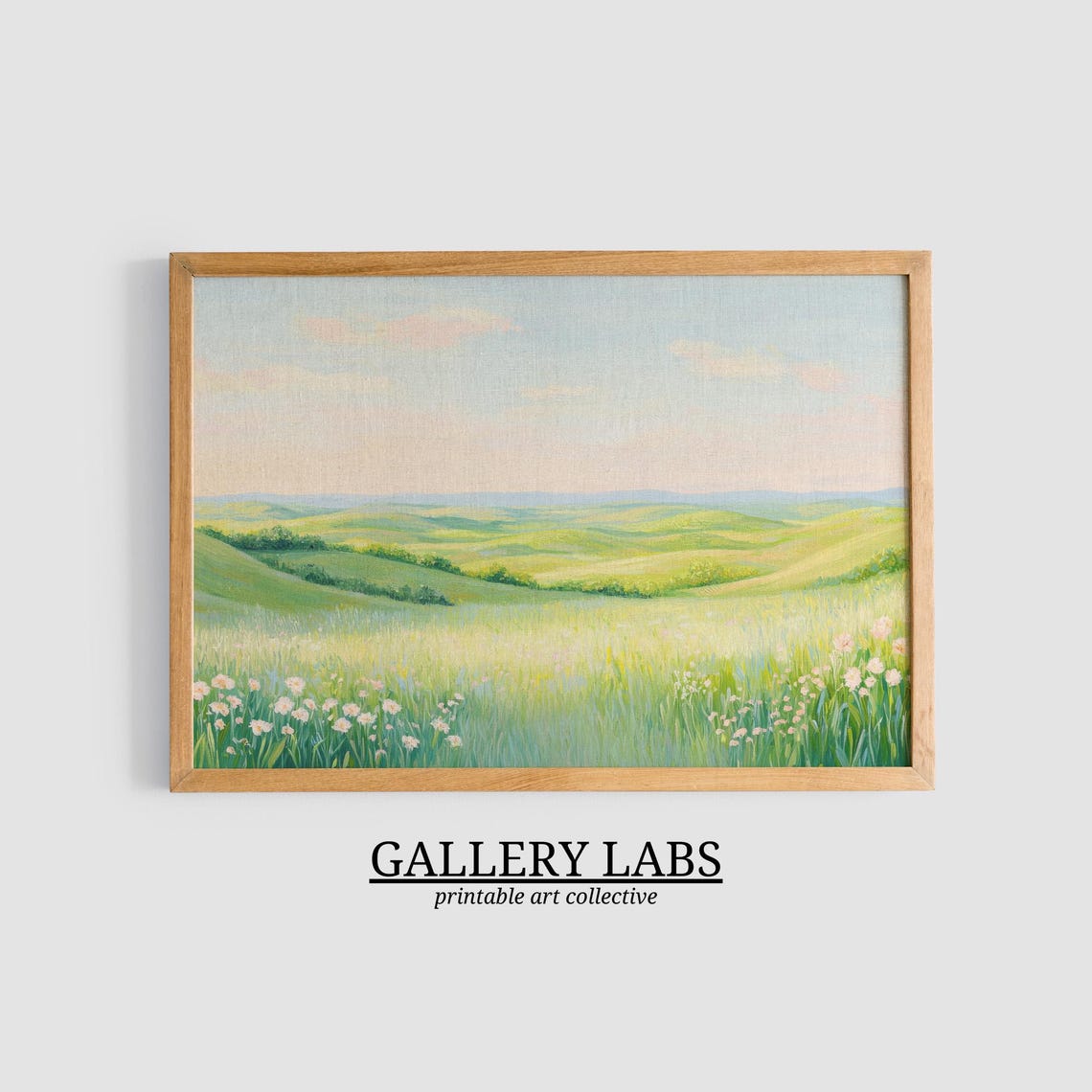 Daisy Field Painting Rolling Green Hills Pastel Sky Meadow Art Print - Image 3