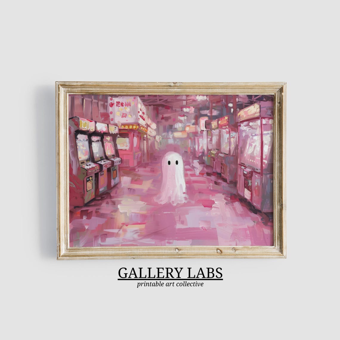 Cute Ghost In Pink Arcade Room Retro Gaming Spooky Painting Poster