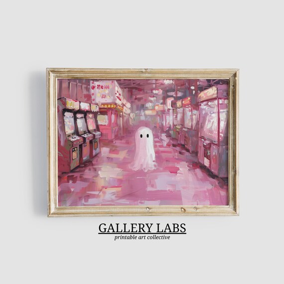 Cute Ghost In Pink Arcade Room Retro Gaming Spooky Painting Poster