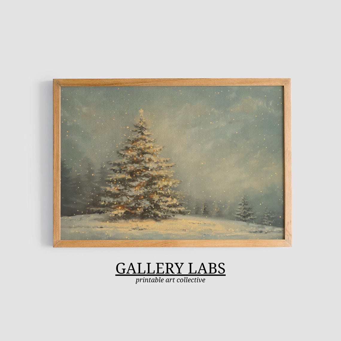 Lone Christmas Tree Snowy Forest Twilight Falling Snow Painting Poster - Image 3