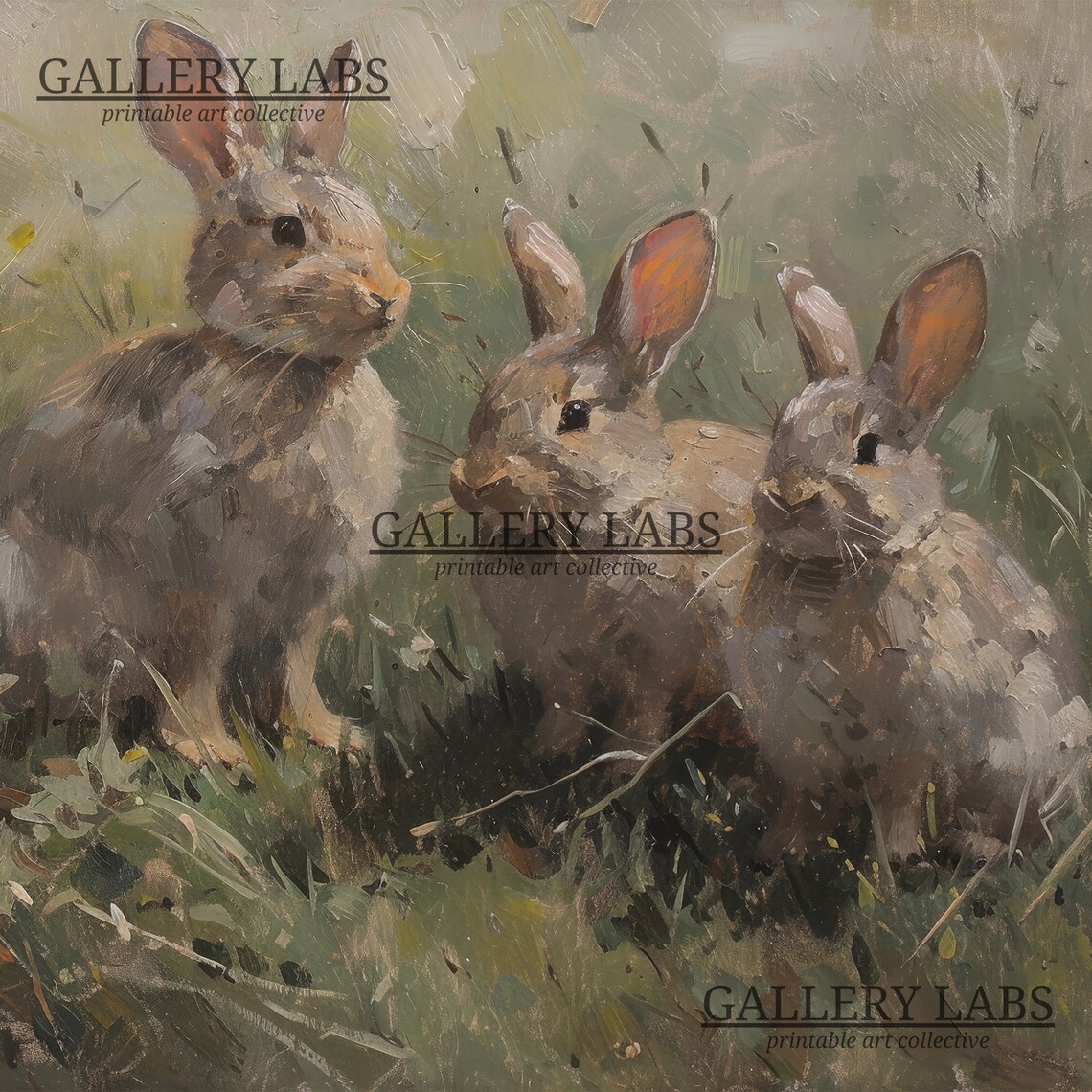 Three Brown Rabbits in Grass Vintage Oil Painting Woodland Art Print - Image 4