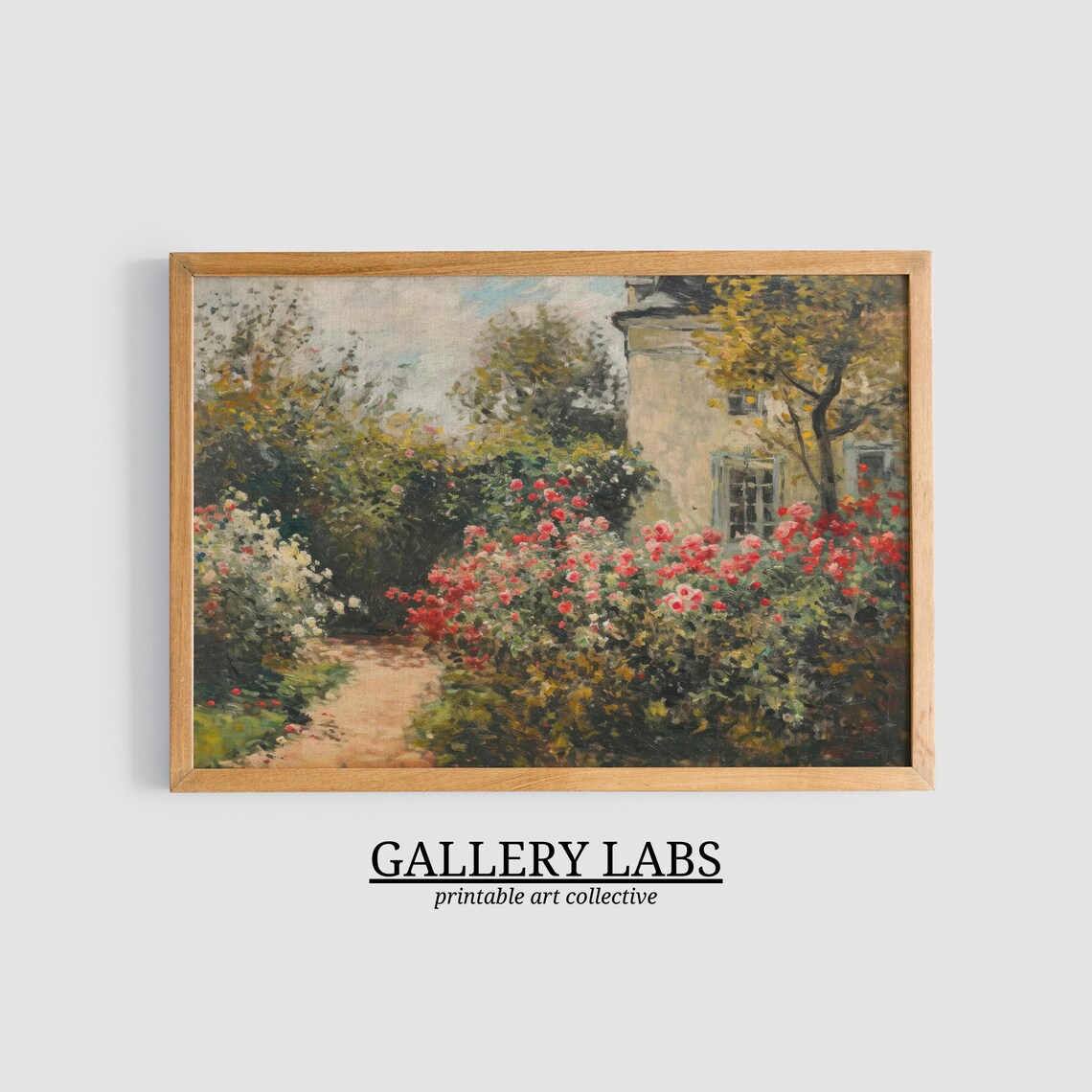 Cottage Rose Garden Painting Red Roses Stone House Path Art Print - Image 3