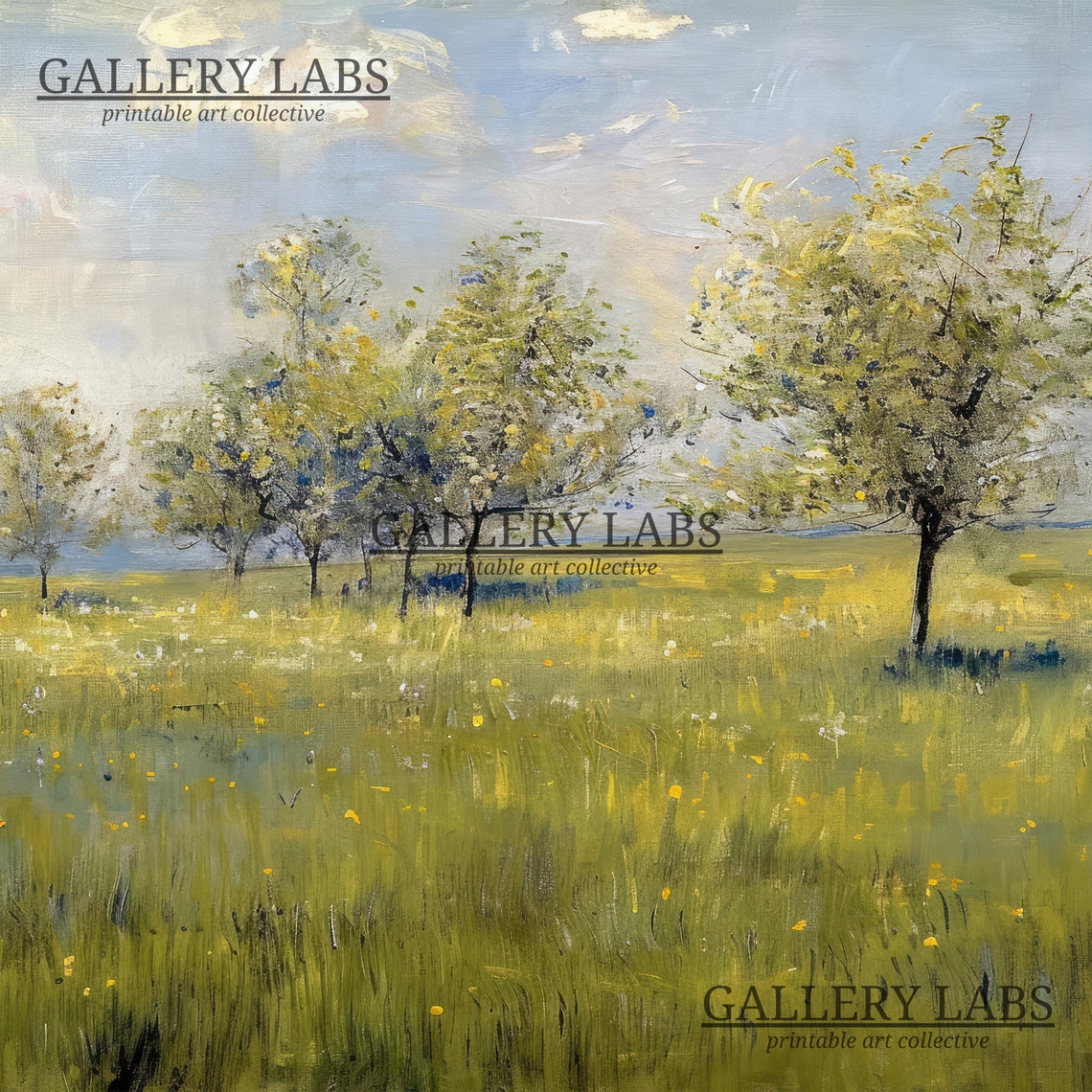 Spring Meadow with Flowering Trees Green Field Landscape Art Print - Image 4