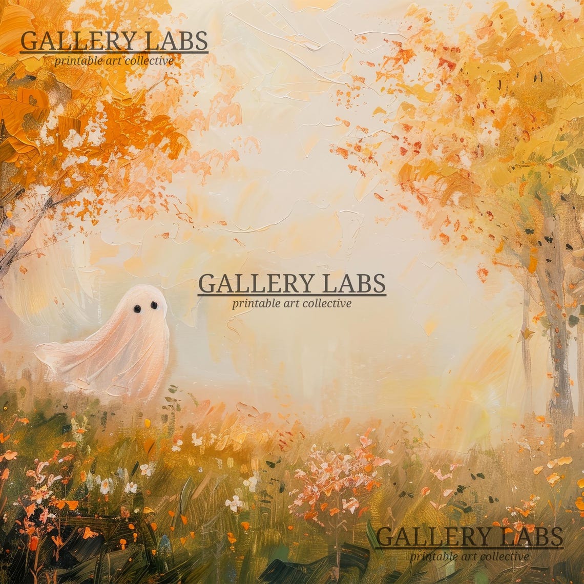 Cute Ghost Wildflowers Golden Whimsical Halloween Meadow Art Print - Image 4