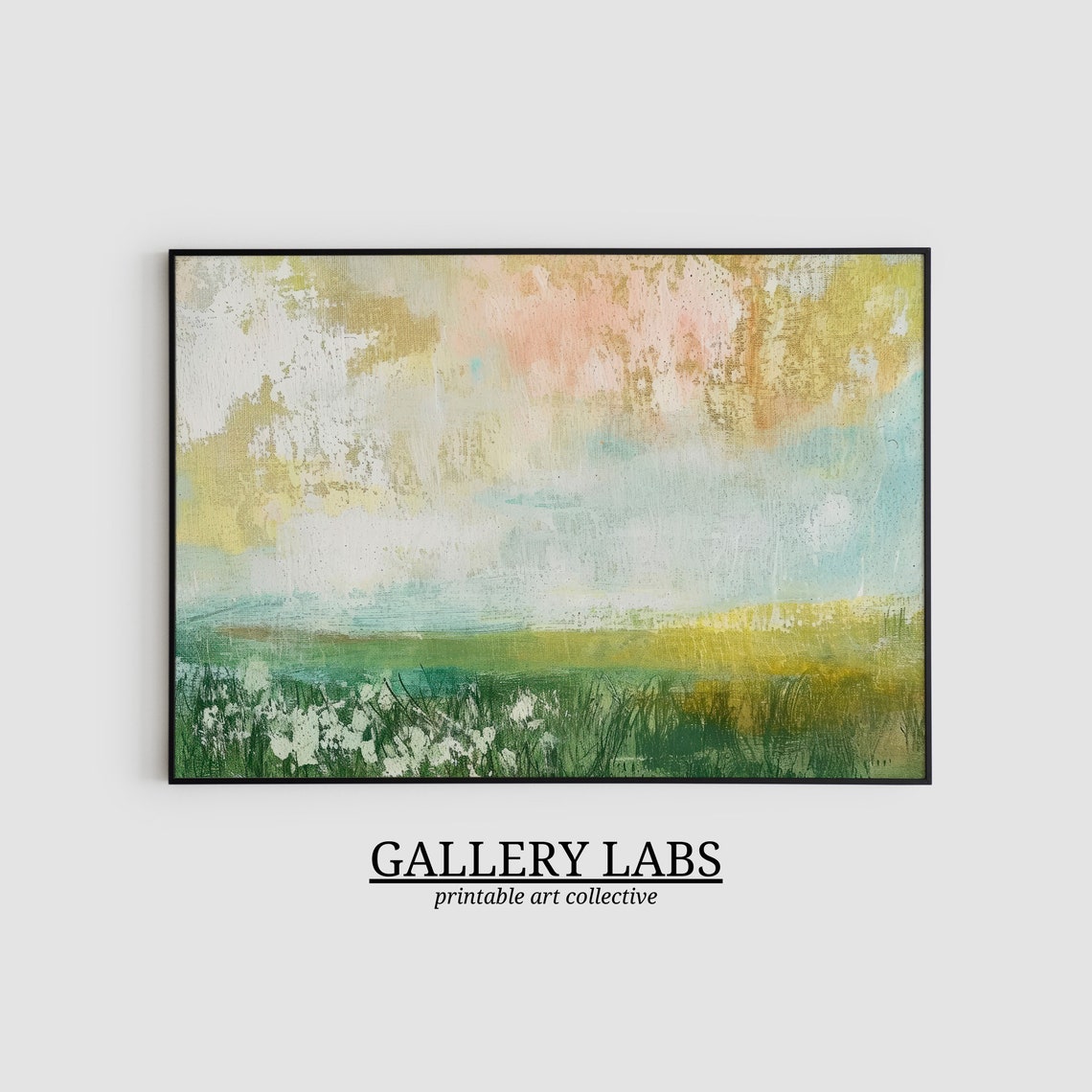 Abstract Spring Meadow Painting Soft Green Pastel Sky Art Print - Image 2