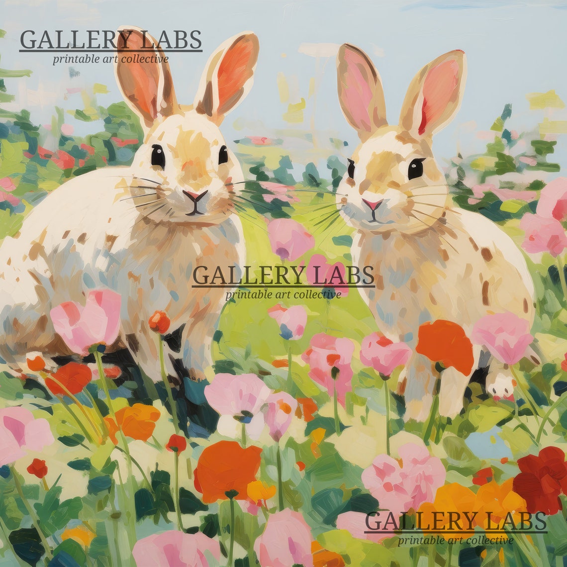 Two White Rabbits in Flower Garden Whimsical Bunny Meadow Art Print - Image 4