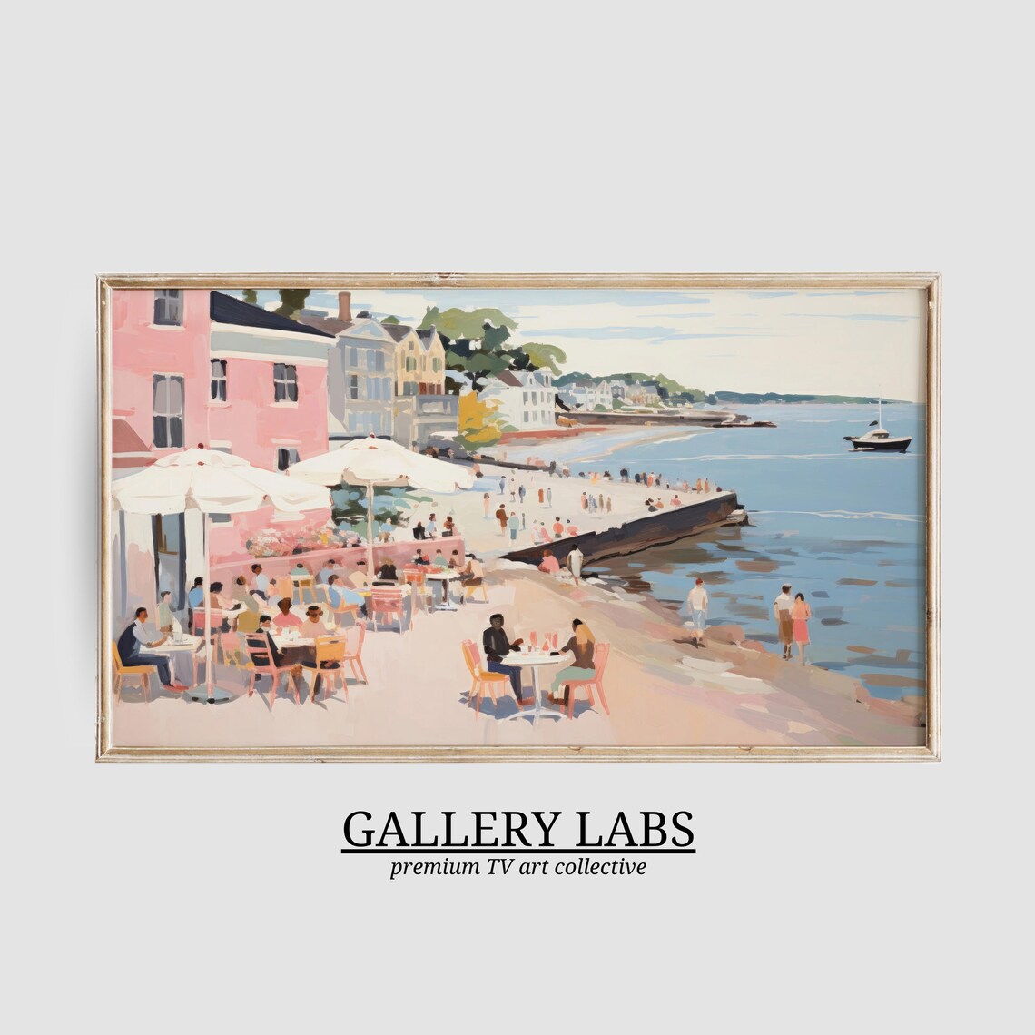 Pastel Seaside Town Pink Buildings Beach Cafe Umbrellas Art Poster
