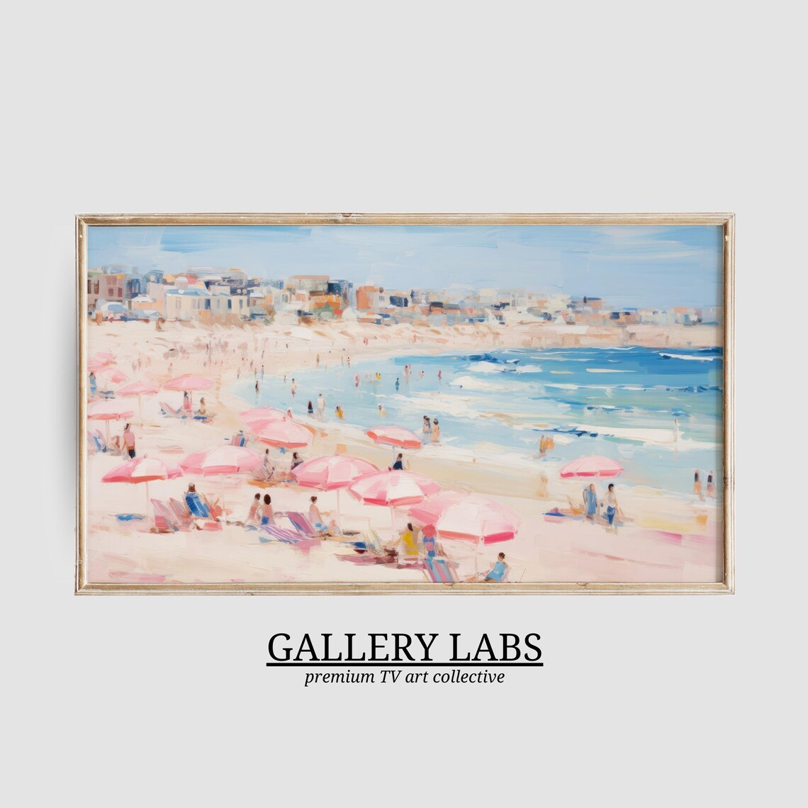 Sunny Beach Town With Pink Umbrellas Sparkling Blue Sea Cheerful Summer Painting Print