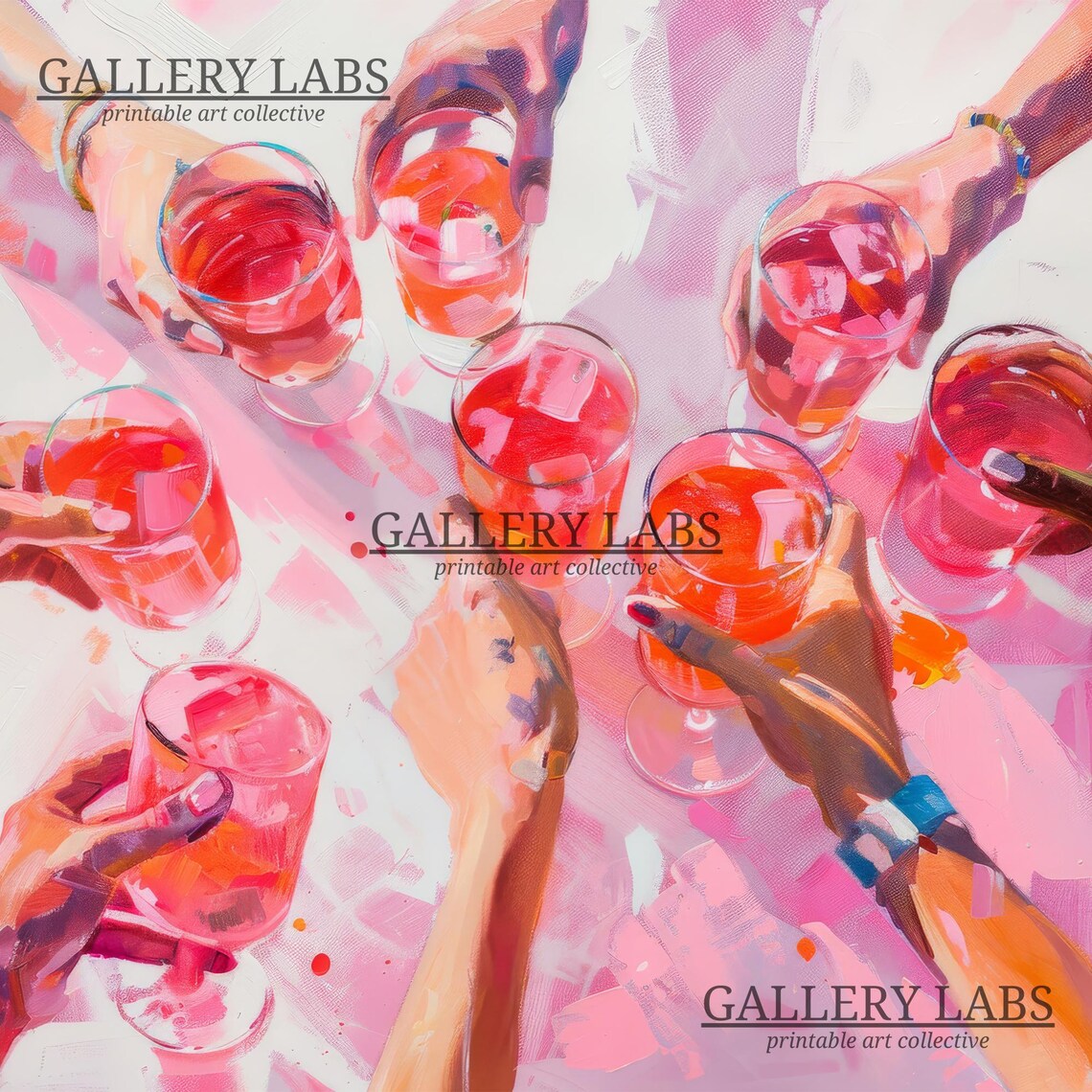Friends Toasting Pink Cocktails Overhead Party Cheers Painting Wall Poster - Image 4