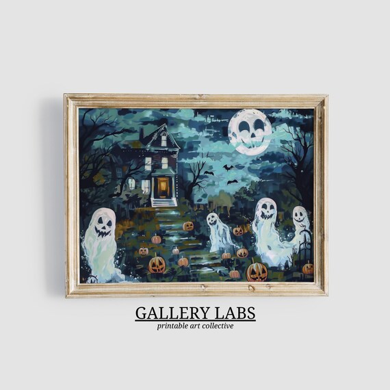Haunted House Ghosts And Pumpkins Halloween Night Moon Poster