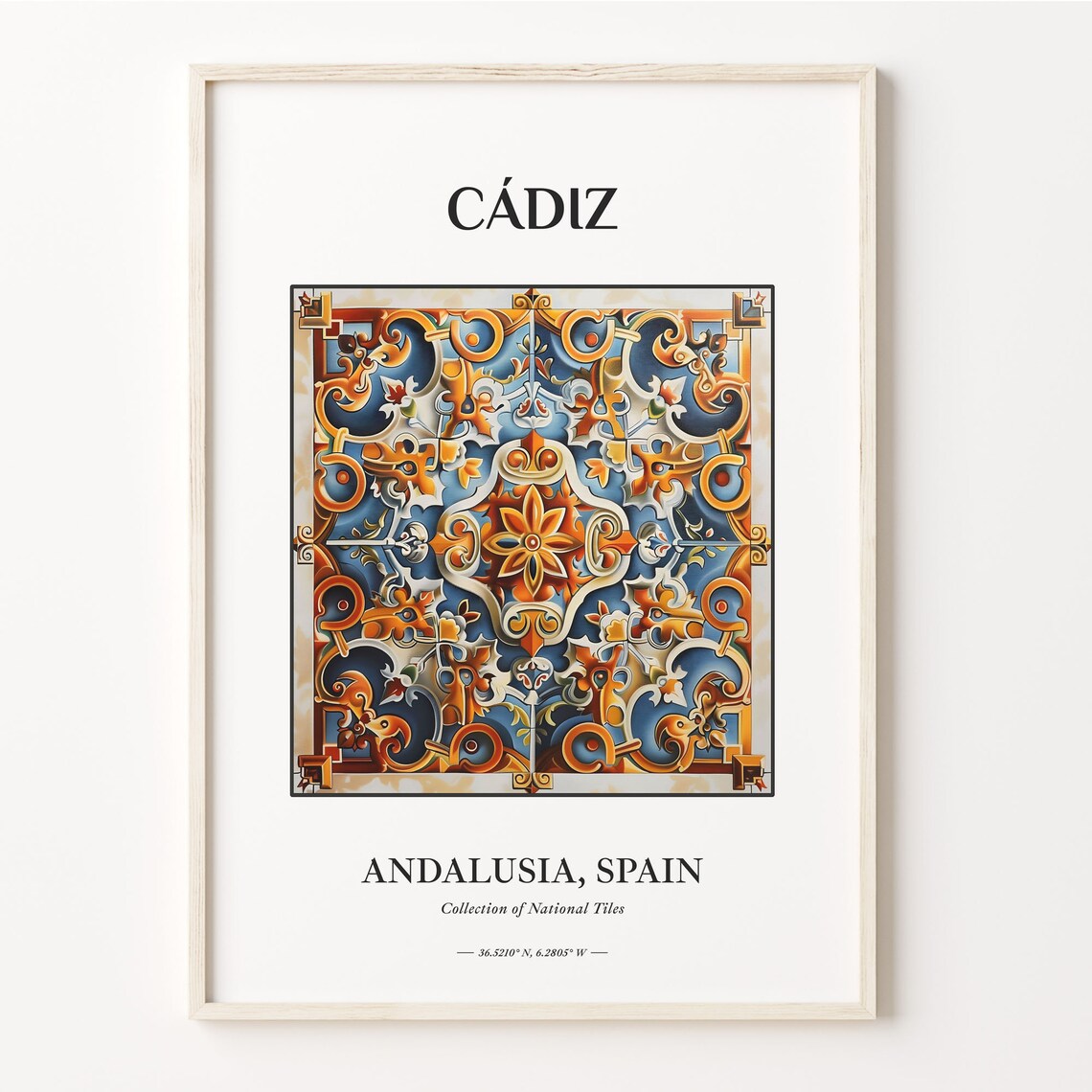 Cadiz Spain Andalusia Blue Orange Tile Medallion Art Travel Poster