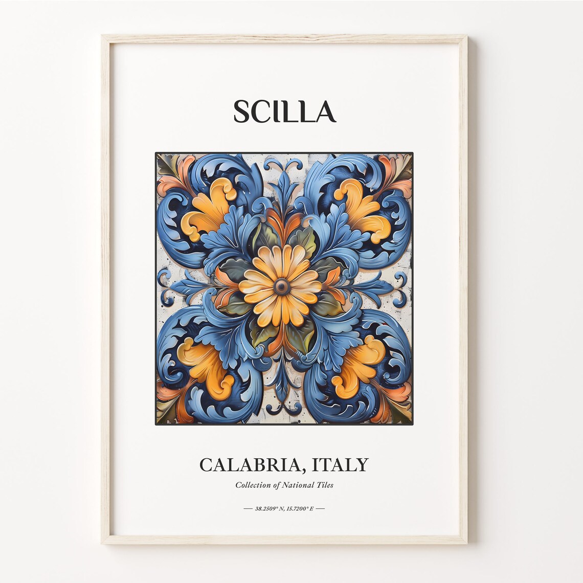 Scilla Italy Calabria Baroque Tile Daisy Floral Art Travel Poster