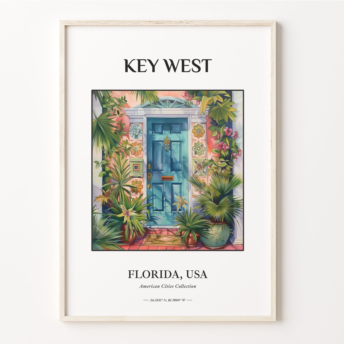 Key West Florida Watercolor Teal Door Palm Trees Flowers Art Poster