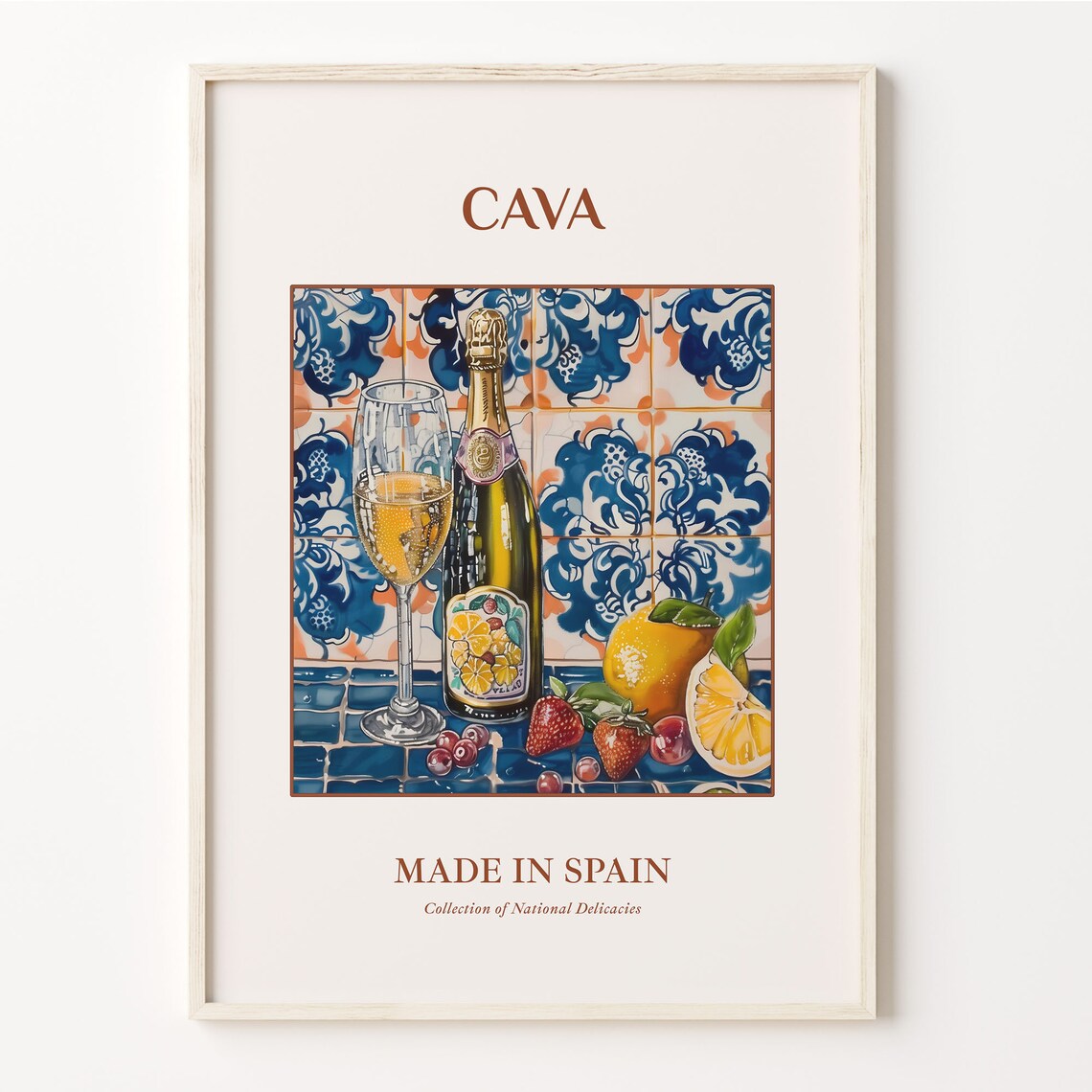 Cava Spanish Sparkling Wine Bottle Flute Fruit Tile Art Poster