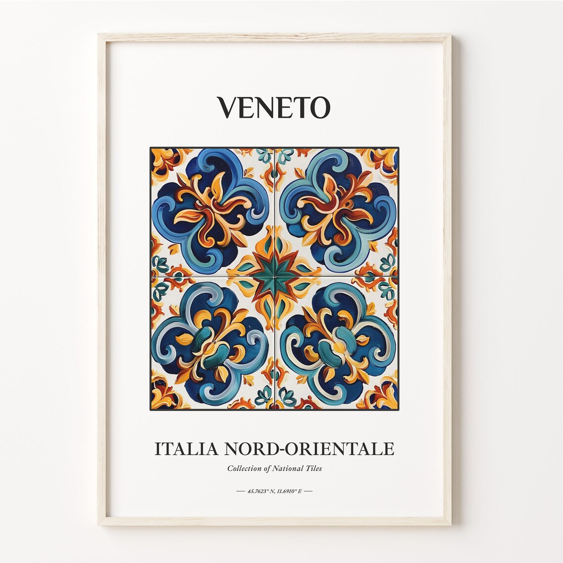 Veneto North East Italy Blue Ochre Floral Star Tile Decor Poster