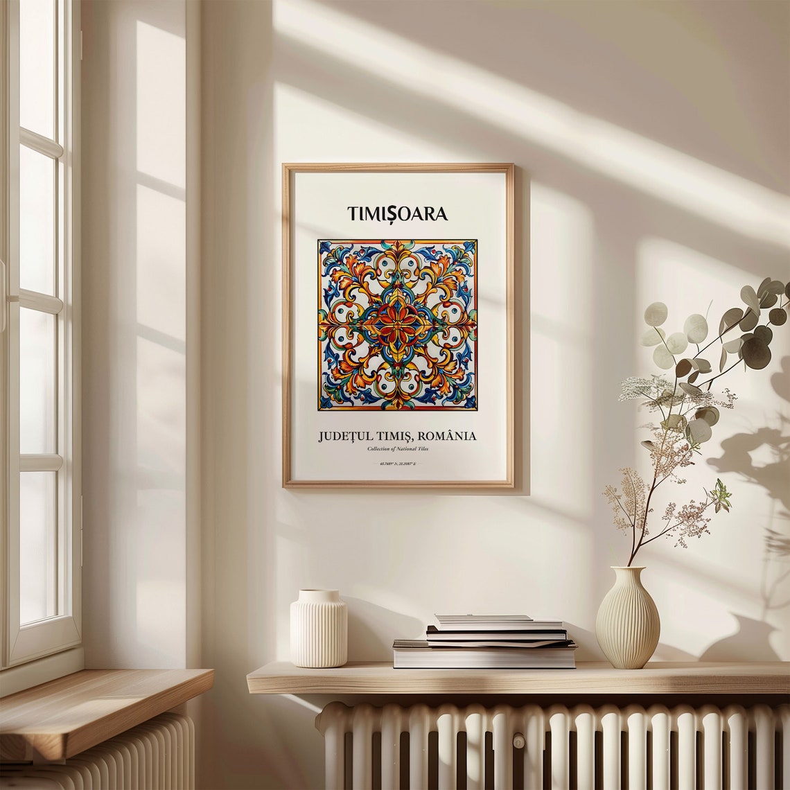 Timisoara Romania Orange Blue Floral Tile Art Folk Pattern Poster - Image 3
