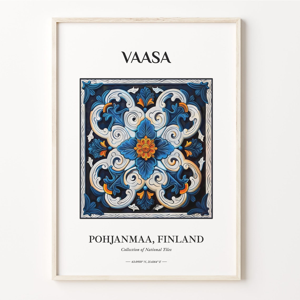 Vaasa Pohjanmaa Finland National Tiles Blue Floral Pattern Poster