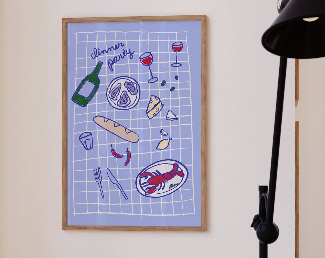 Dinner Party Table Setting Blue Line Doodle Kitchen Party Poster