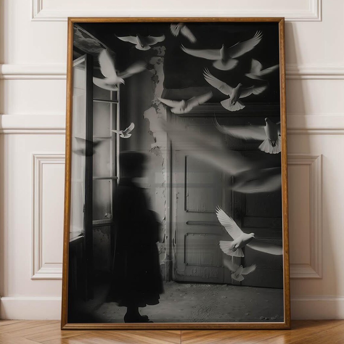 Surreal Black and White Doves Flight Conceptual Photography Wall Art